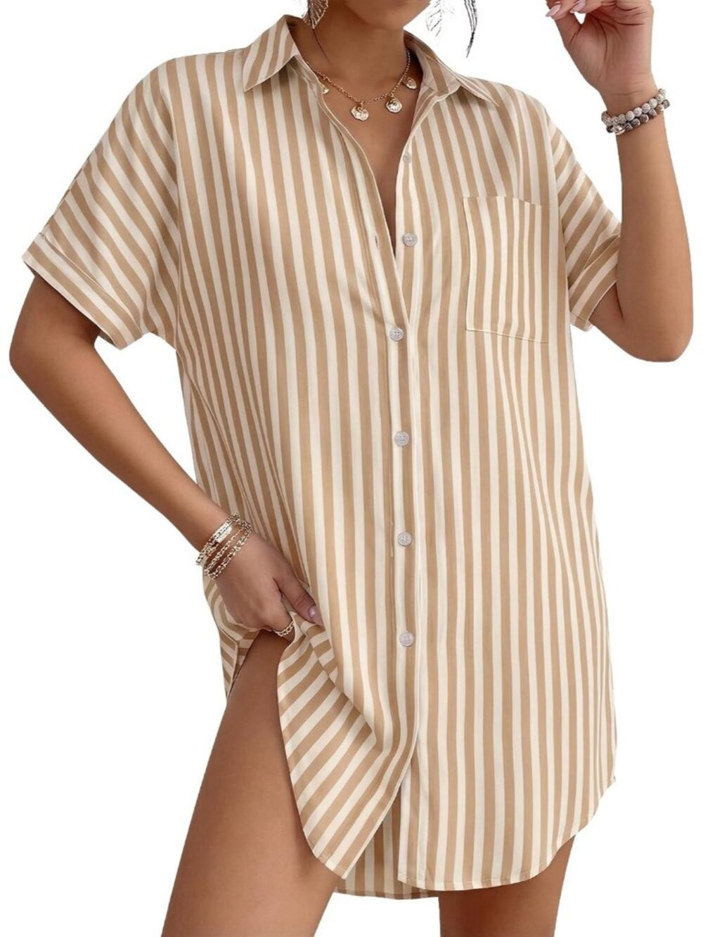 Women's Khaki Rayon Button Down Shirt Striped Coverup Beach Swimsuit Cover Up